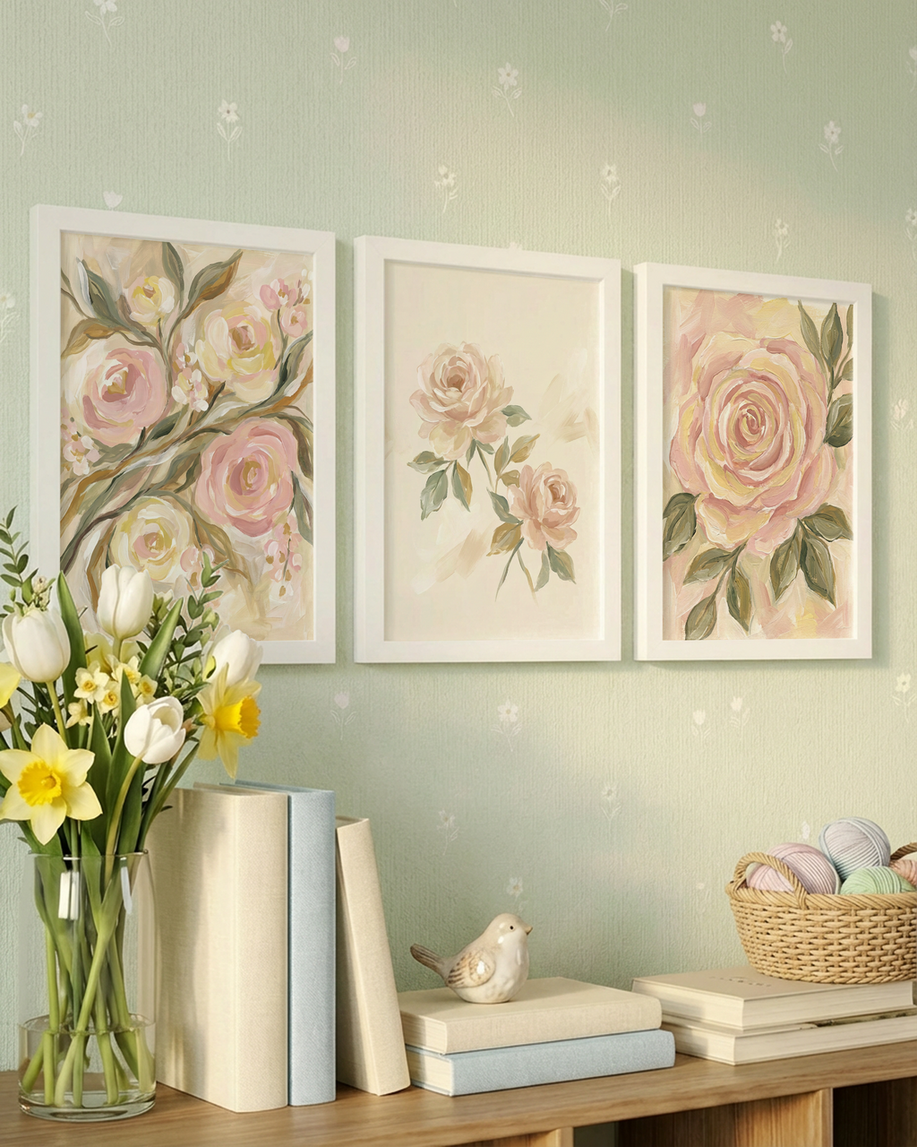 Pastellrose mit grünen Blättern Poster