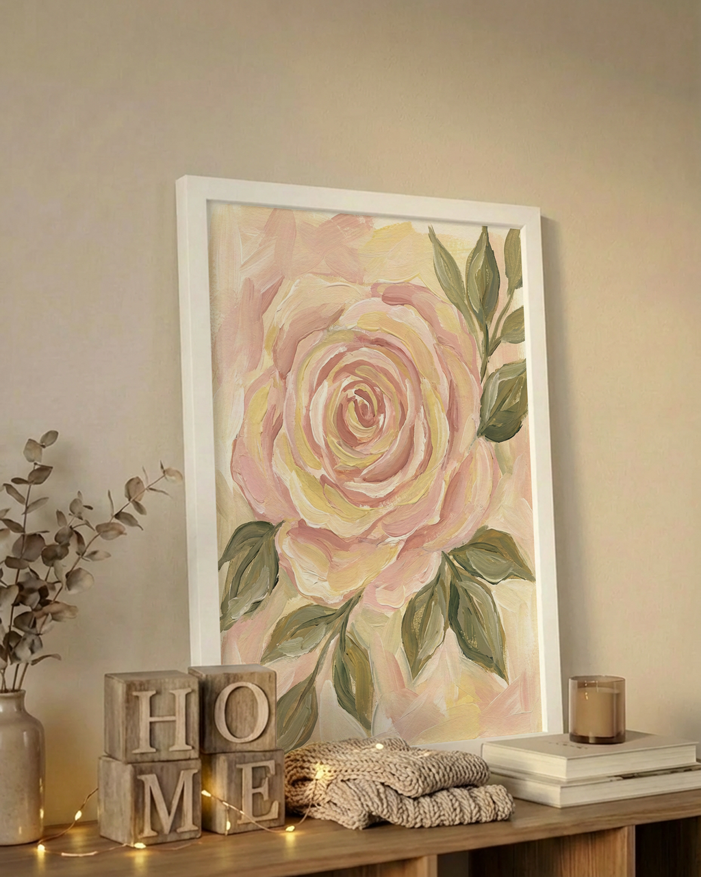Pastellrose mit grünen Blättern Poster