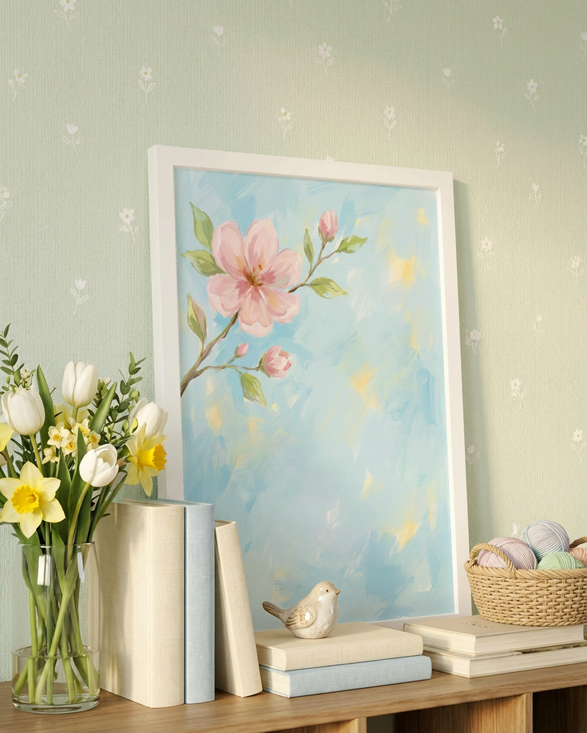 Zarter Kirschblütenzweig auf Himmelblau Poster