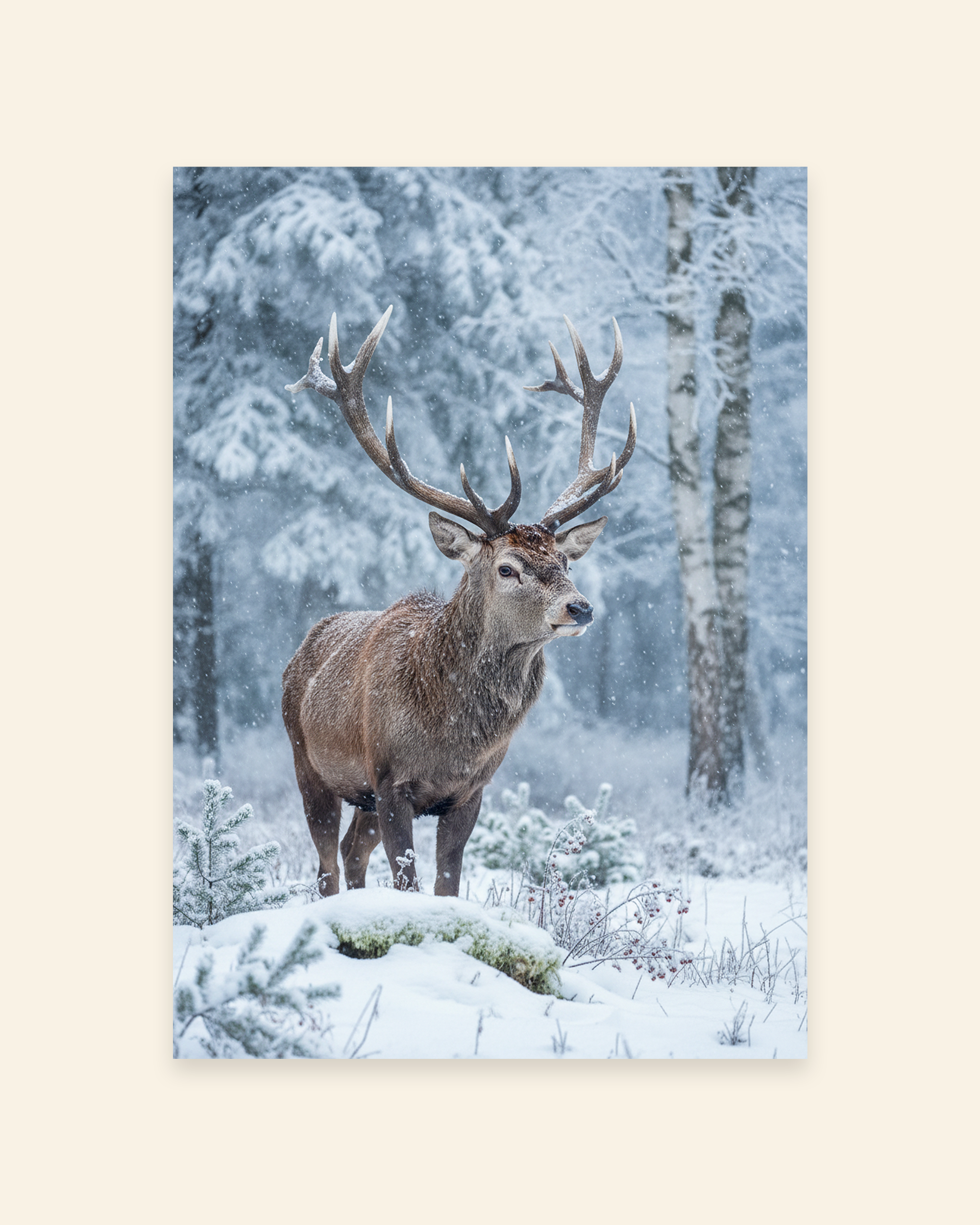 Hirsch im verschneiten Winterwald Poster