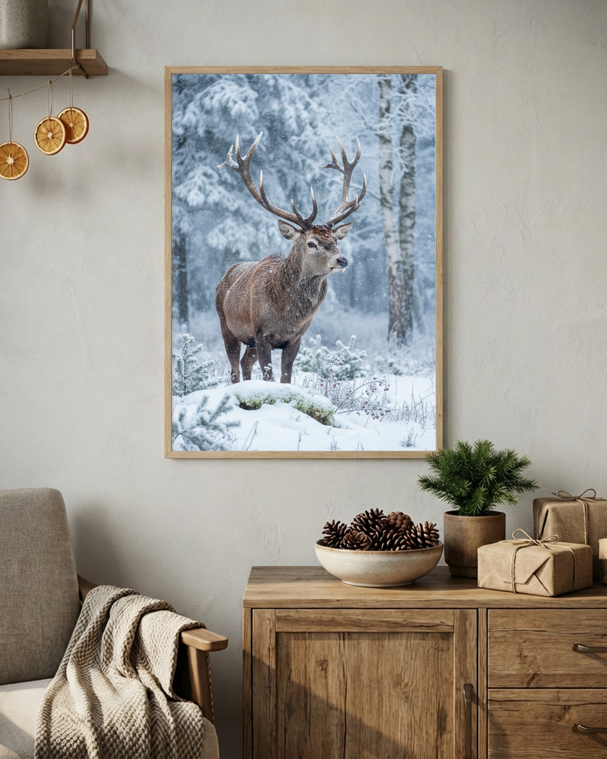 Hirsch im verschneiten Winterwald Poster