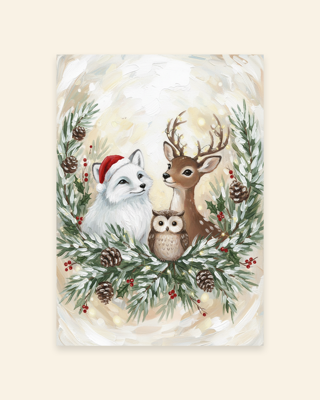 Winterfamilie: Polarfuchs, Rentier & Eule im Tannenkranz Poster
