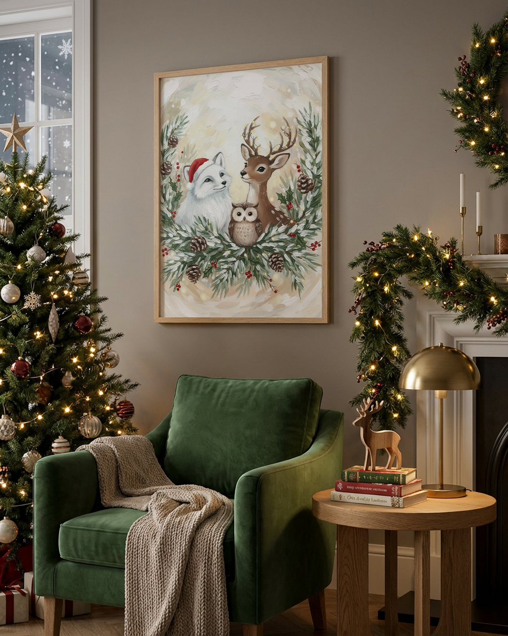 Winterfamilie: Polarfuchs, Rentier & Eule im Tannenkranz Poster