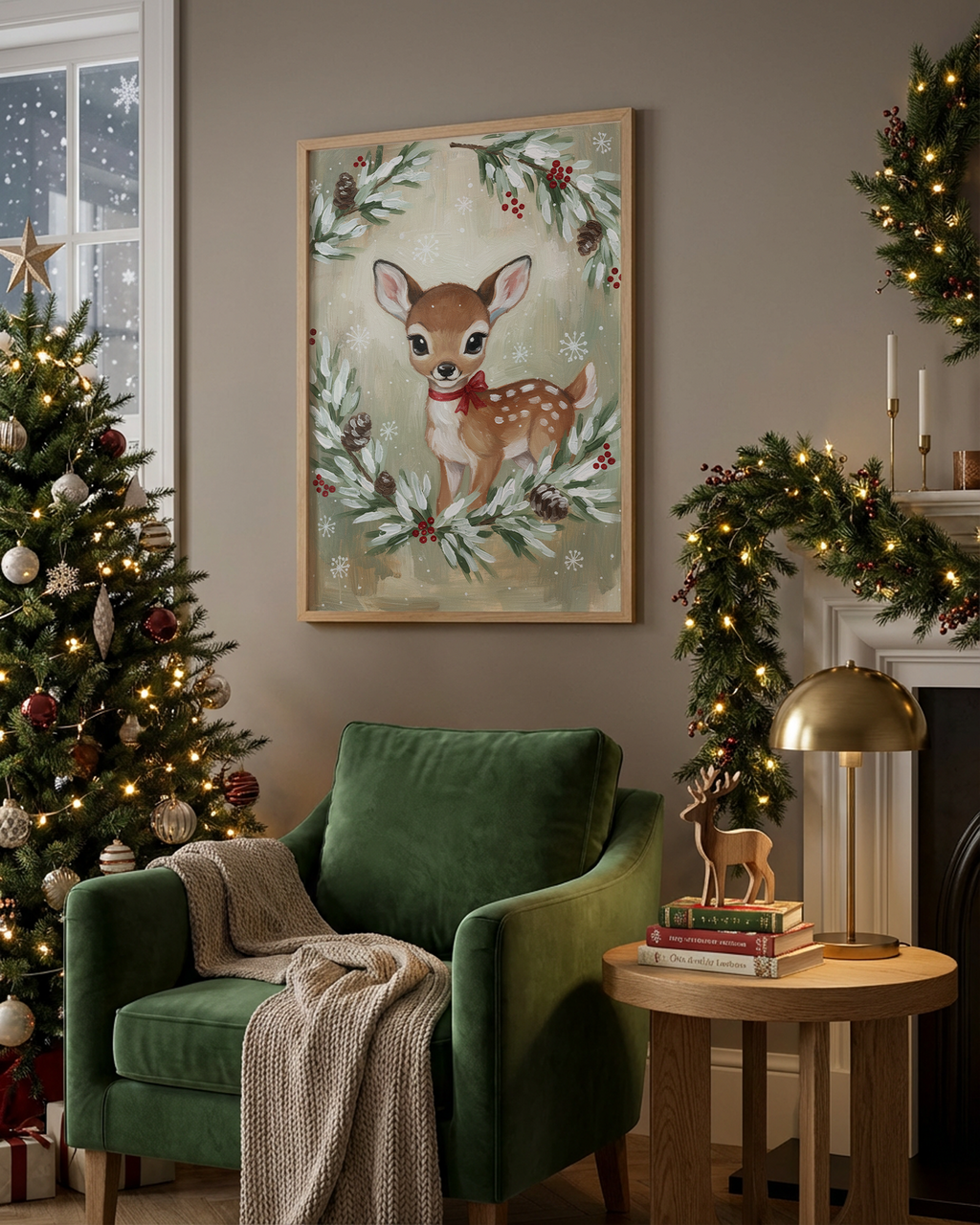 Rehkitz im Tannenzweig-Kranz Poster