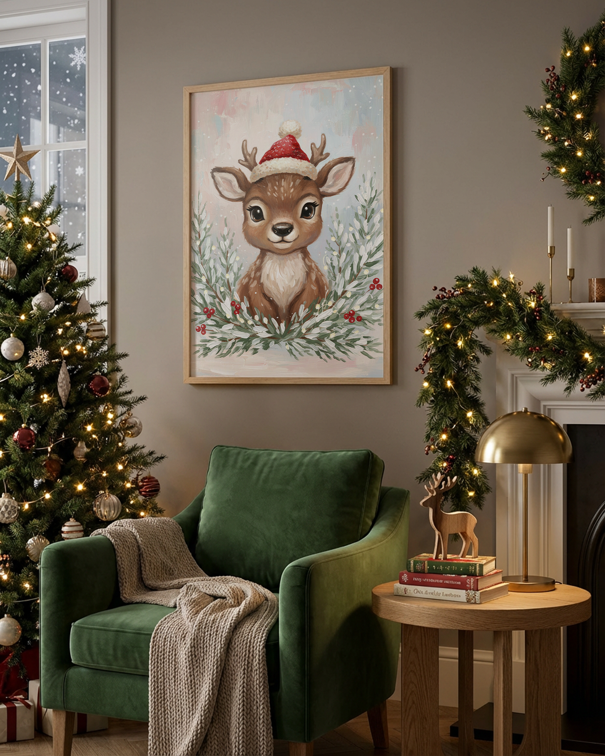Rehkitz mit Weihnachtsmütze zwischen Winterzweigen Poster