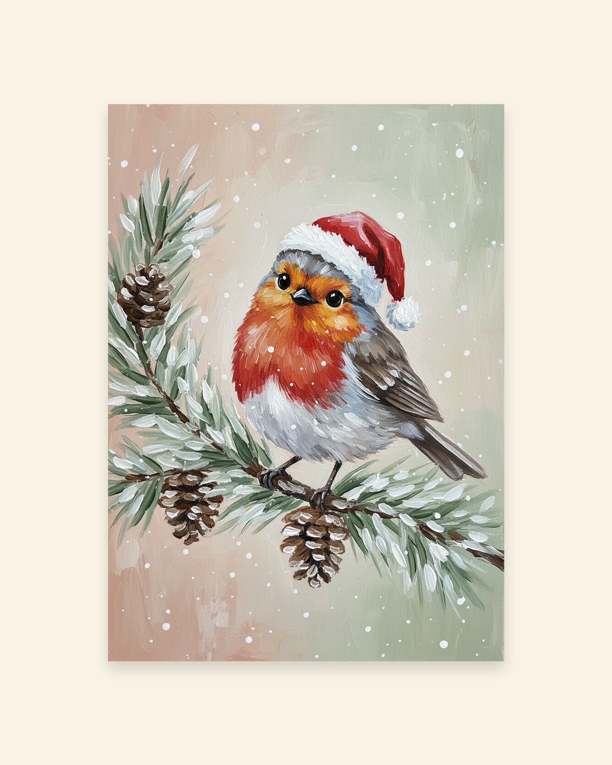 Rotkehlchen mit Nikolausmütze auf Tannenzweig Poster