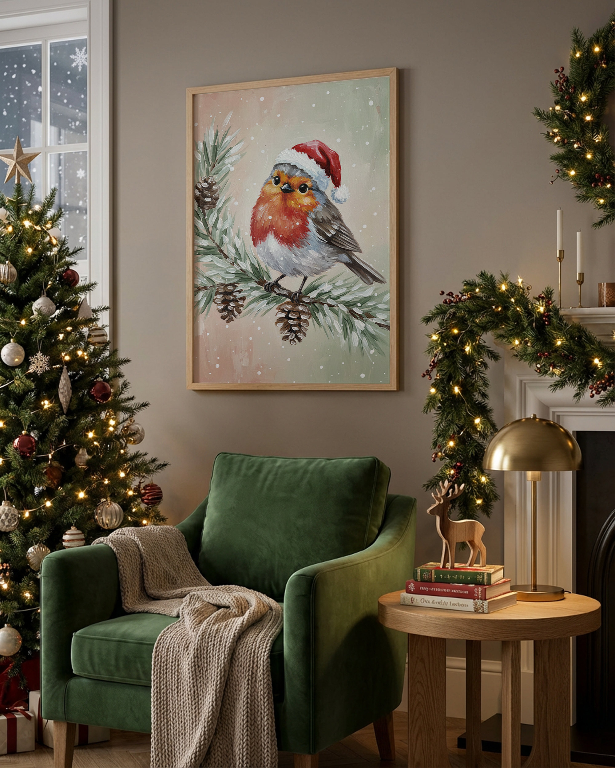 Rotkehlchen mit Nikolausmütze auf Tannenzweig Poster