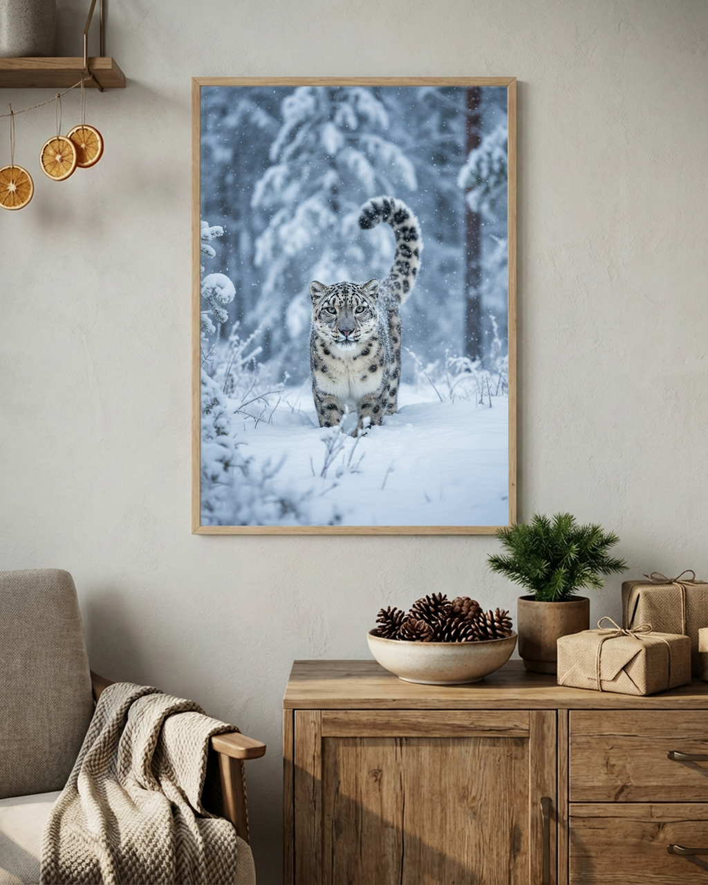 Schneeleopard im Winterwald Poster
