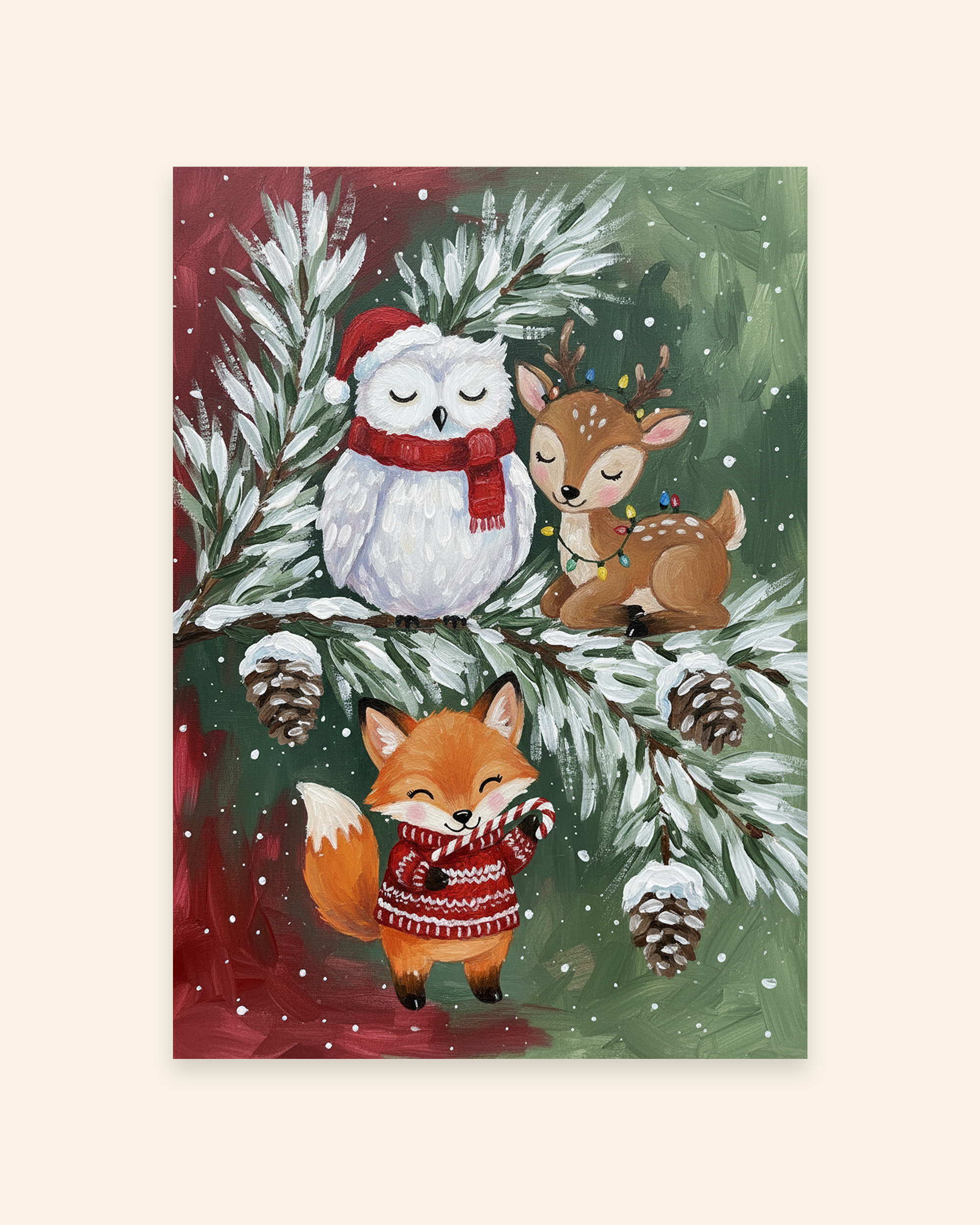 Weihnachtsfreunde: Eule, Rehkitz & Fuchs im Schneetannenzweig Poster
