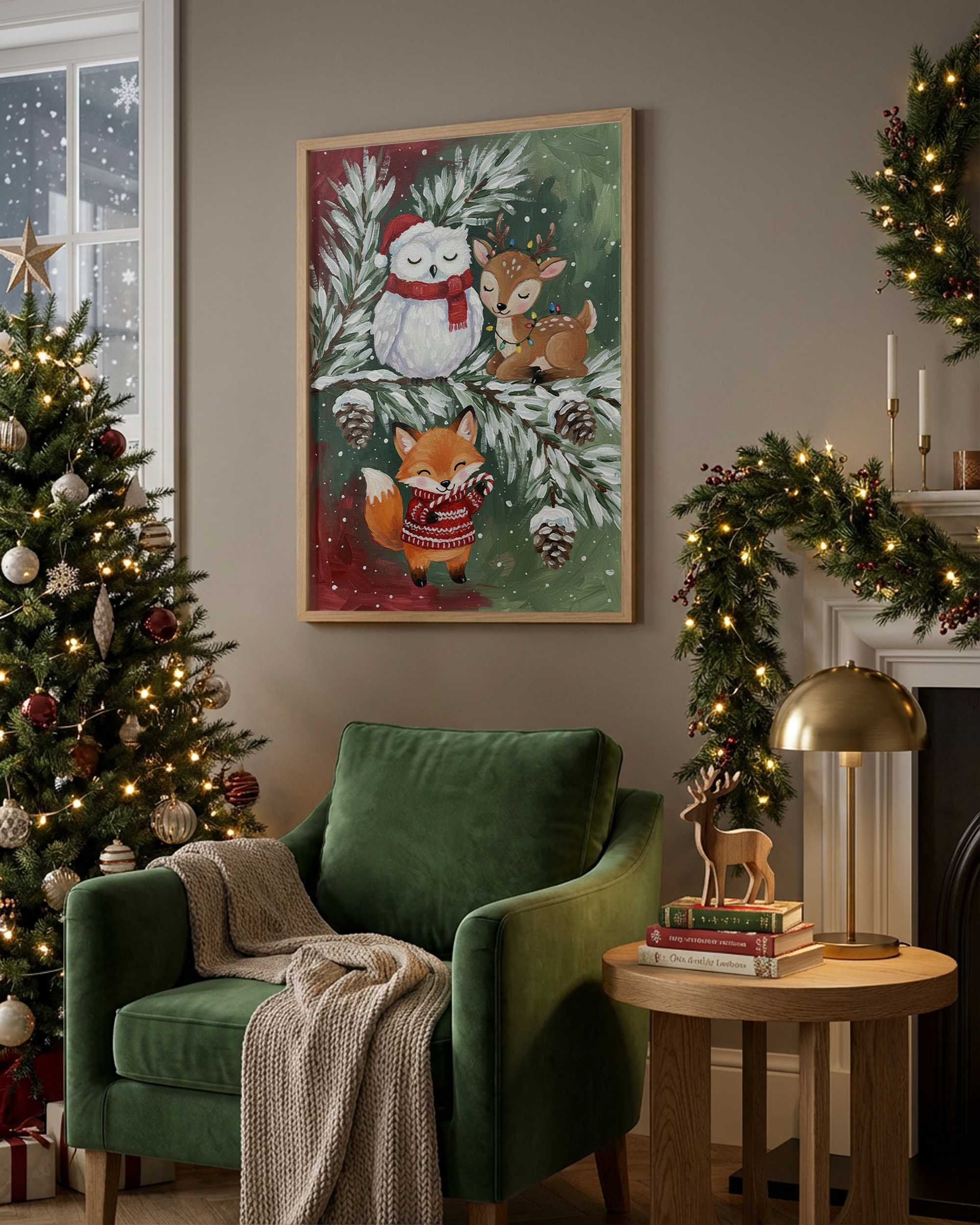 Weihnachtsfreunde: Eule, Rehkitz & Fuchs im Schneetannenzweig Poster