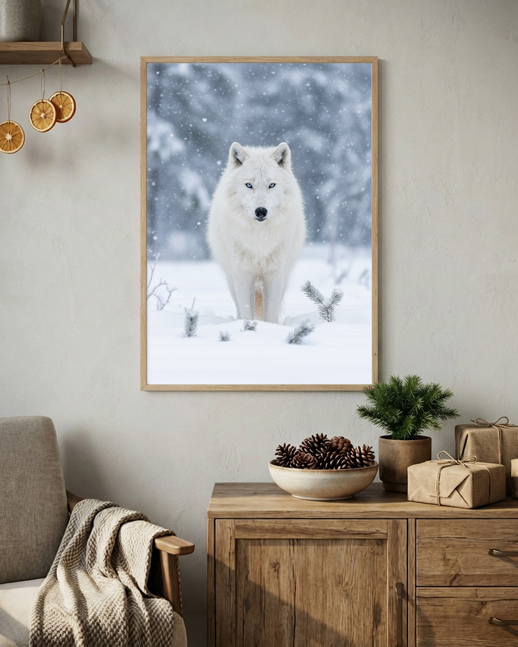 Weißer Wolf im Schneesturm Poster